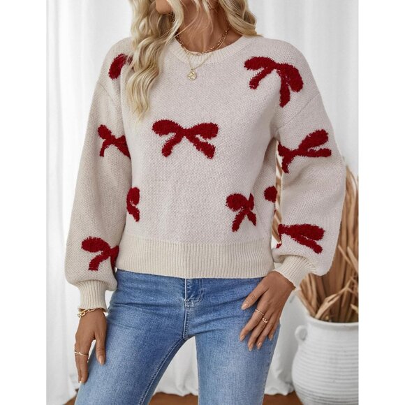 Women's Ribbed Knit Crewneck Sweater Fluffy Bow Valentines Casual Spring - Picture 5 of 6